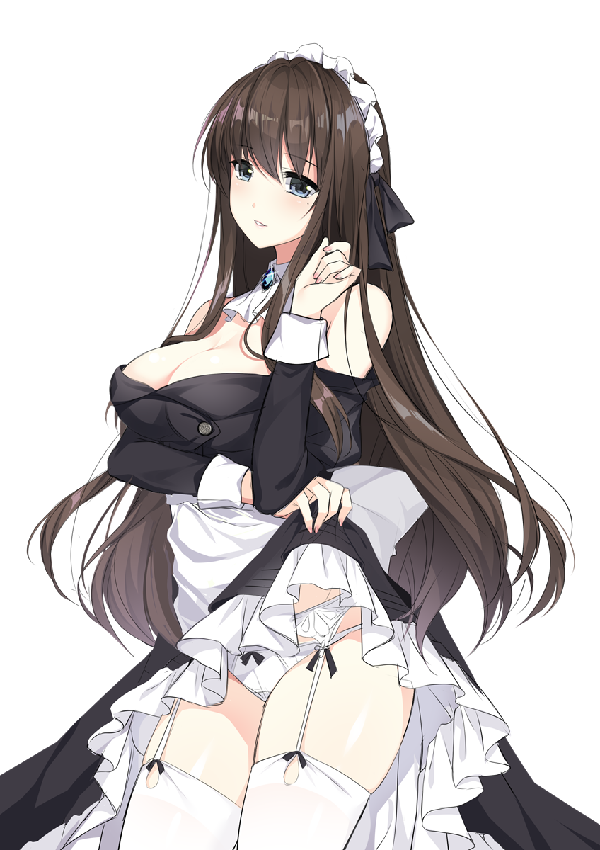 bangs bare_shoulders black_dress blue_eyes blush bow bow_panties brown_hair commentary_request detached_sleeves dress dress_lift eyebrows_visible_through_hair fingernails garter_belt hair_between_eyes hand_up head_tilt highres lifted_by_self long_hair long_sleeves looking_at_viewer maid maid_headdress mole mole_under_eye off-shoulder_dress off_shoulder original panties parted_lips solo thighhighs transparent_background underwear verjuice very_long_hair white_legwear white_panties