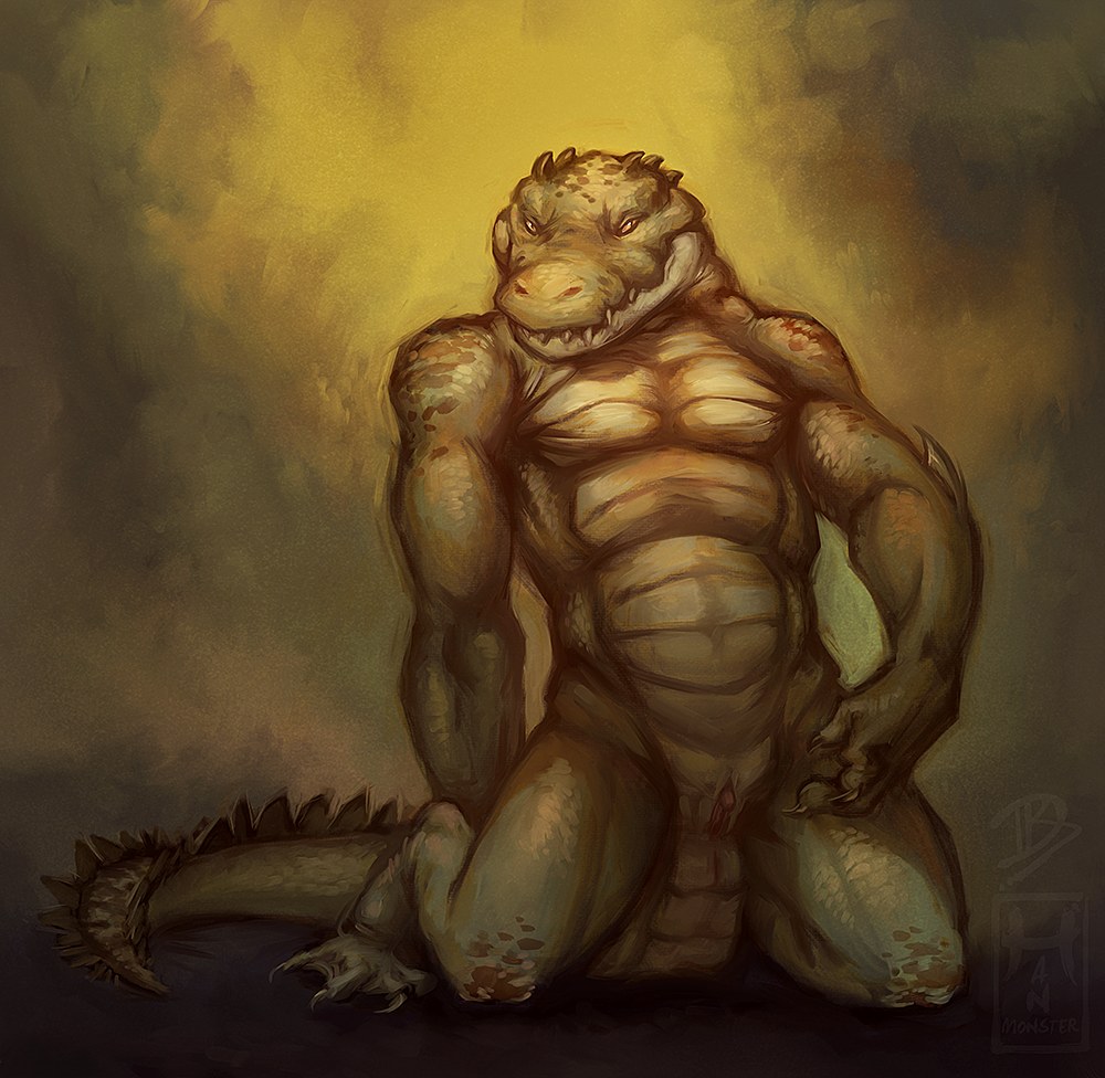 2019 alligator anthro barefoot biceps biped claws clitoris crocodilian cuntboy digital_media_(artwork) full-length_portrait green_eyes green_scales green_tail green_theme hanmonster intersex kneeling muscular muscular_cuntboy muscular_intersex nude pecs portrait pussy reptile scales scalie sharp_teeth simple_background solo teeth textured_background toe_claws