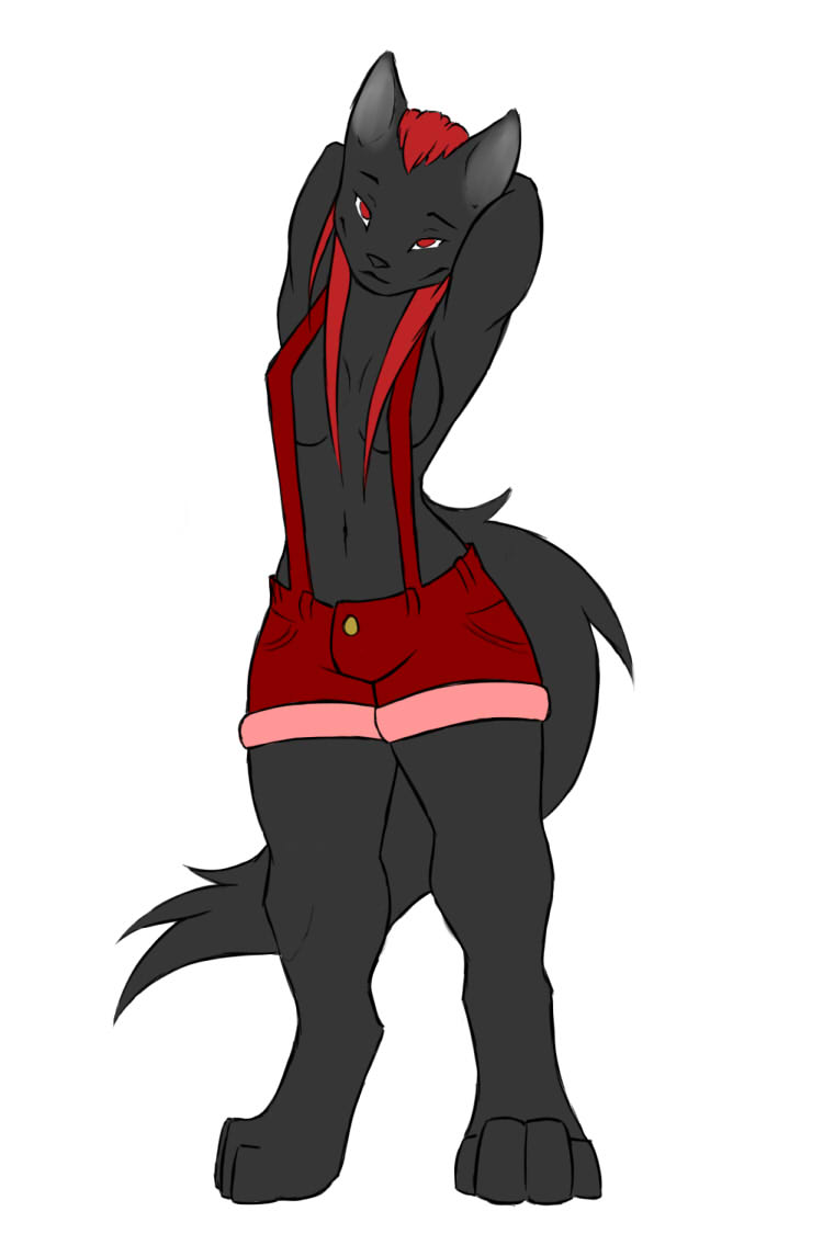 anthro breasts canine clothed clothing cryphalen(artist) female hair hands_behind_head looking_at_viewer mammal red_eyes red_hair shorts skimpy solo suspenders wolf