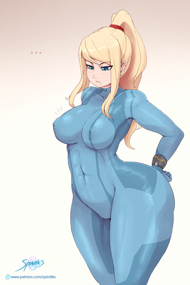 blonde_hair blue_eyes blush bodysuit breasts cameltoe curvy erect_nipples large_breasts long_hair metroid nintendo parted_lips ponytail samus_aran skin_tight solo spindles thick_thighs thighs wide_hips zero_suit