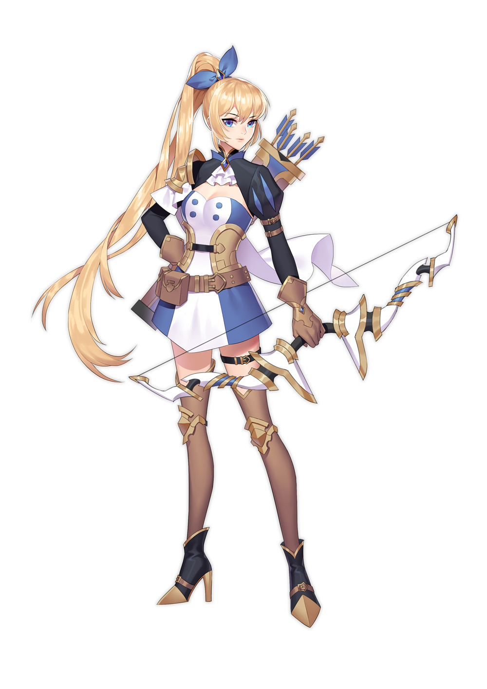 1girl aquarius_(artist) arm_strap arrow bangs belt belt_pouch black_footwear blonde_hair blue_eyes blue_ribbon bow_(weapon) breasts brown_gloves brown_legwear cleavage corset dress full_body gem gloves hair_ribbon hand_on_hip high_heels highres holding holding_bow_(weapon) holding_weapon knee_pads long_hair long_sleeves looking_at_viewer medium_breasts original ponytail pouch puffy_long_sleeves puffy_sleeves quiver ribbon short_dress shrug_(clothing) simple_background standing tachi-e thigh_strap thighhighs two-tone_dress very_long_hair weapon white_background