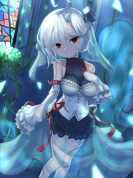ahoge azur_lane bangs bare_shoulders black_dress blush bolt breasts closed_mouth collarbone commentary_request covered_collarbone detached_sleeves dress eyebrows_visible_through_hair flower frilled_dress frilled_sleeves frills hair_between_eyes head_tilt indoors large_breasts long_sleeves looking_at_viewer pantyhose red_eyes red_ribbon ribbon rose short_hair silver_hair sleeveless sleeveless_dress sleeves_past_fingers sleeves_past_wrists smile solo stained_glass stitches terror_(azur_lane) west_(vaem5527) white_flower white_legwear white_rose wide_sleeves