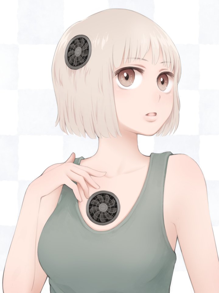 bare_arms bare_shoulders blonde_hair breasts brown_eyes commentary_request eyebrows_visible_through_hair fan hand_up looking_at_viewer original parted_lips short_hair solo tank_top upper_body white_background yajirushi_(chanoma)