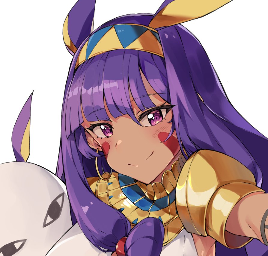 animal_ears bangs blunt_bangs blush closed_mouth commentary earrings eyebrows_visible_through_hair facial_mark fate/grand_order fate_(series) hair_between_eyes headband hoop_earrings jackal_ears jewelry long_hair looking_at_viewer medjed nitocris_(fate/grand_order) purple_eyes purple_hair reaching_out self_shot shoulder_pads simple_background smile solo symbol_commentary tuxedo_de_cat white_background