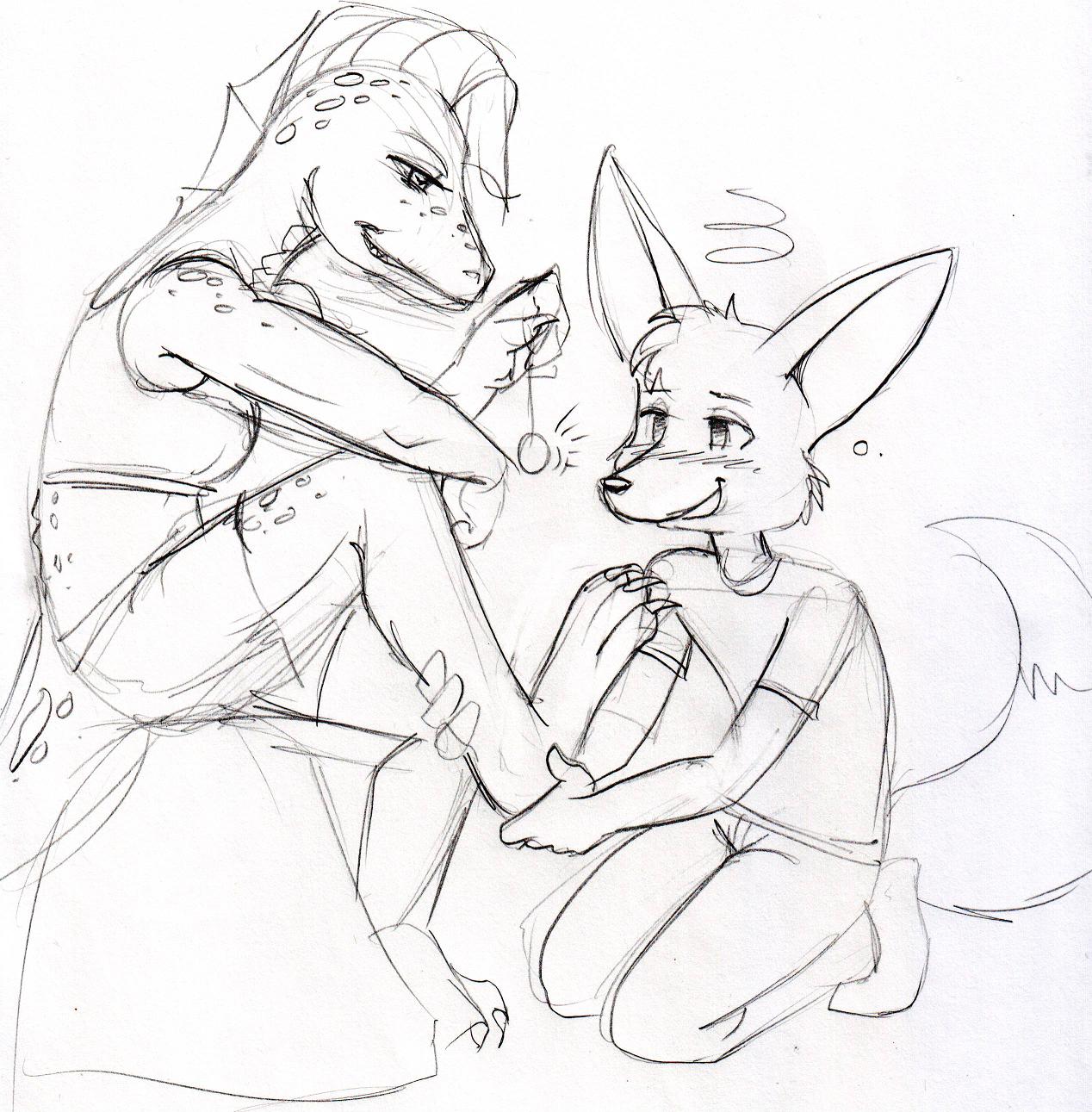 anthro blush canine dinosaur domination duo female female_domination fennec foot_grab fox hi_res hypnosis kneeling male mammal mind_control monochrome pendulum reptile scalie sitting sketch sue-chan_(artist) traditional_media_(artwork)