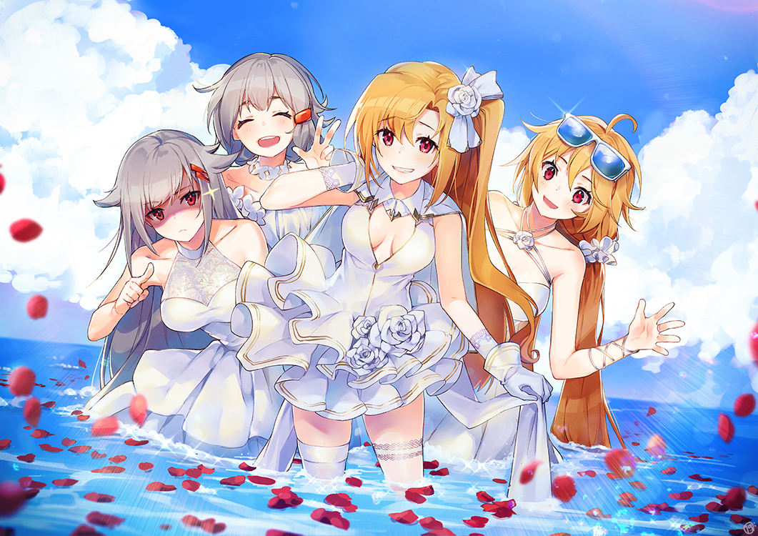 :d ahoge alternate_costume azur_lane bangs bare_shoulders blonde_hair blue_sky blush breasts cleveland_(azur_lane) closed_eyes closed_mouth cloud collarbone columbia_(azur_lane) day denver_(azur_lane) dress dress_lift elbow_gloves eyebrows_visible_through_hair eyewear_on_head flower gloves hair_between_eyes hair_flower hair_ornament halter_dress hand_behind_head hand_up leaning_forward lifted_by_self long_hair montpelier_(azur_lane) multiple_girls nagu ocean one_side_up open_mouth outdoors parted_lips partially_submerged petals pointing pointing_at_viewer red_eyes rose scrunchie shaded_face signature sky smile sparkle sunglasses symbol_commentary very_long_hair wedding_dress white_dress white_flower white_gloves white_rose