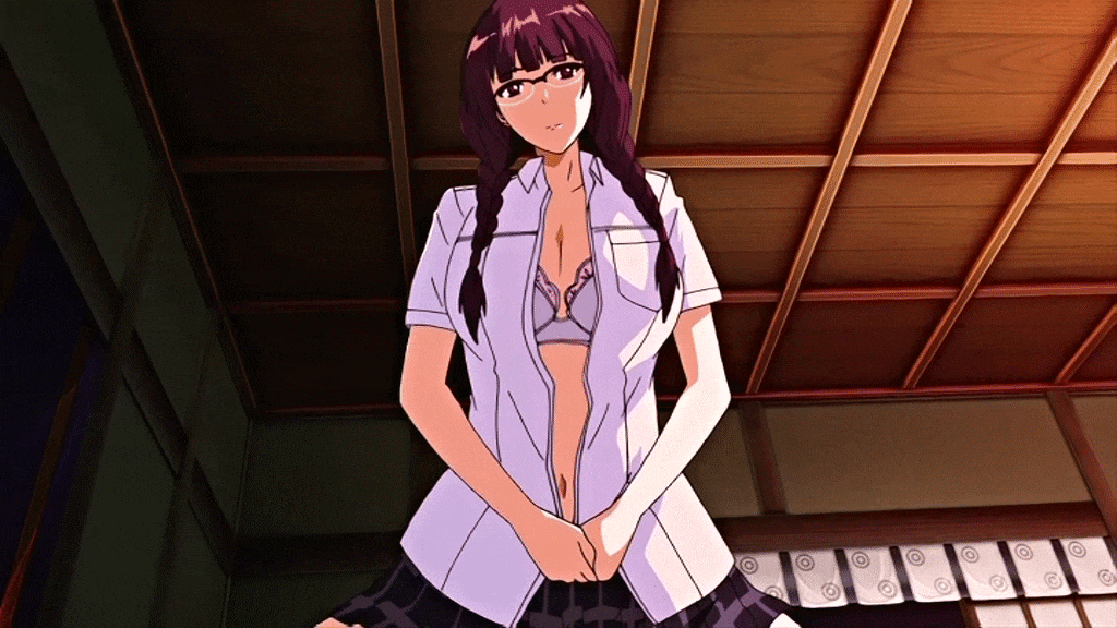 1girl animated animated_gif bra breasts cleavage glasses kansen kansen_5_~the_daybreak~ large_breasts purple_hair underwear
