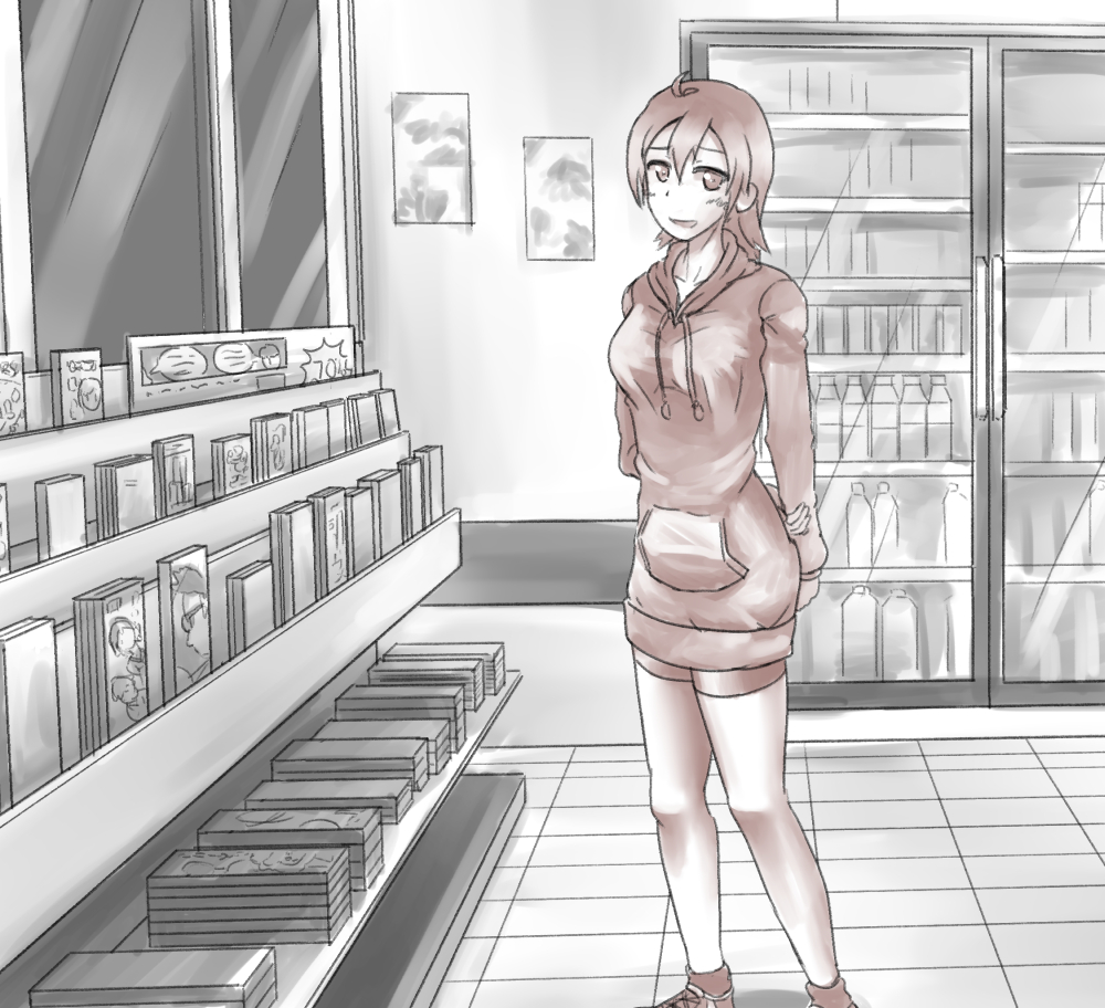 1girl ahoge arm_behind_back bangs bike_shorts blush book bottle breasts collarbone female halcyon_(halcyon90) hood hoodie indoors long_sleeves looking_at_viewer medium_breasts monochrome open_mouth original refrigerator shoes short_hair smile socks solo spot_color standing sweater window