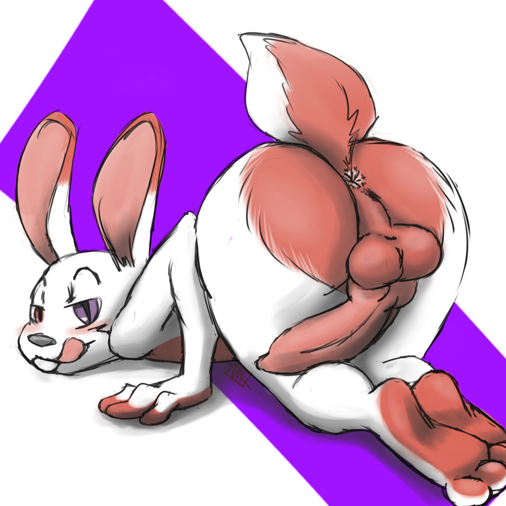 anus balls bent_over blush butt cute girly hair heterochromia kneeling lagomorph male mammal notactuallyhere paws penis presenting presenting_hindquarters purple_eyes rabbit red_eyes smile solo tongue trap_(disambiguation)