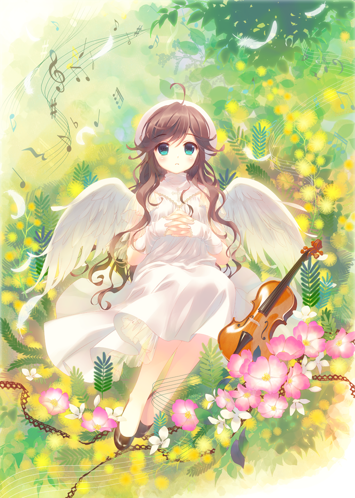 ahoge angel bass_clef beamed_eighth_notes beamed_sixteenth_notes blue_eyes blush brown_hair commentary_request dress eighth_note eyebrows_visible_through_hair fingerless_gloves flower gloves grass half_note instrument interlocked_fingers long_hair looking_at_viewer musical_note original own_hands_together parted_lips pink_flower quarter_note quarter_rest santa_matsuri sharp_sign sitting sixteenth_note solo treble_clef violin white_dress white_flower white_gloves white_wings wings yellow_flower