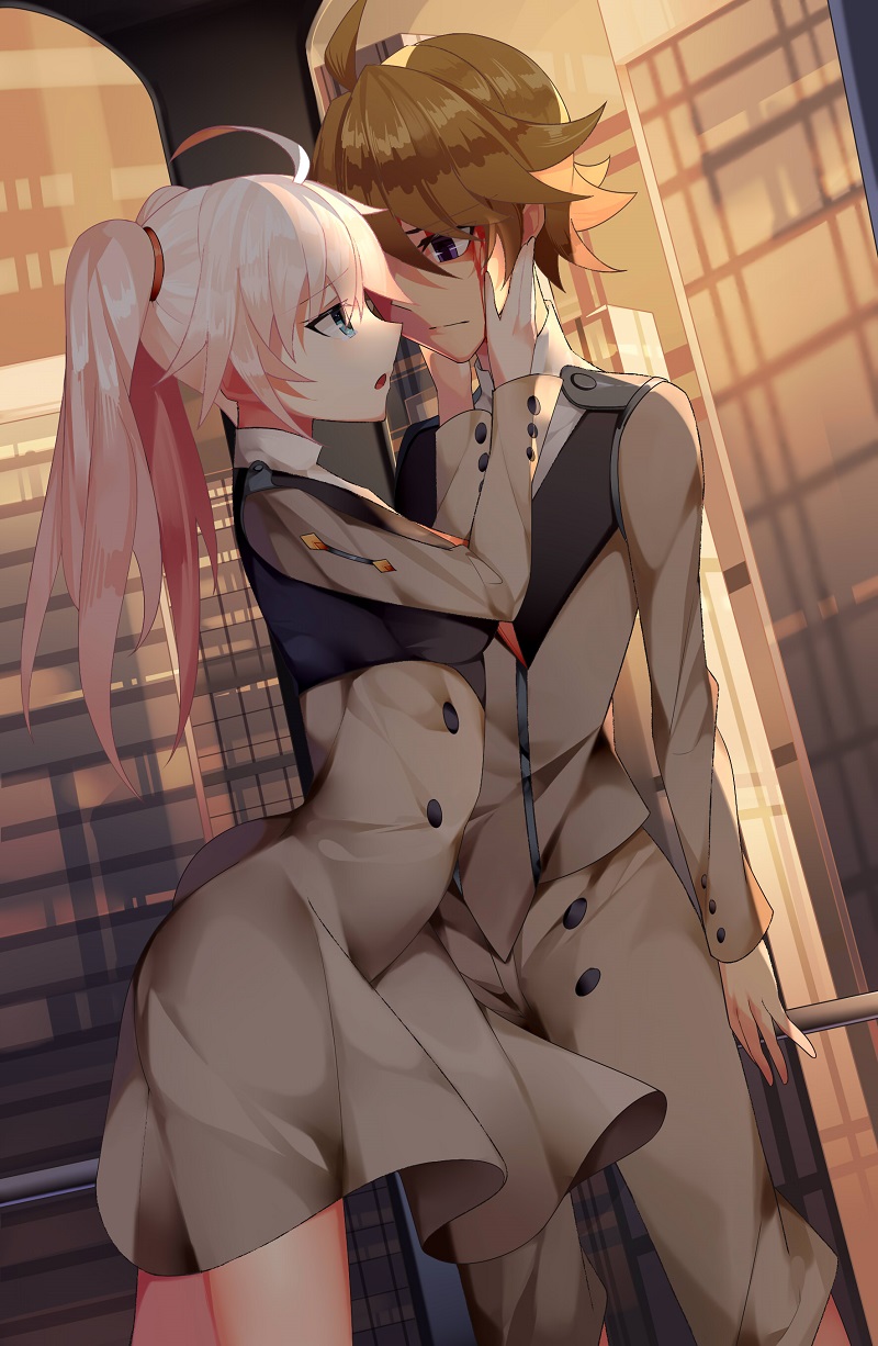 1girl 931466095 ahoge arm_at_side ass bad_anatomy bleeding blood blue_eyes brown_hair brown_skirt building chinese_commentary commentary_request darling_in_the_franxx eye_contact hands_on_another's_cheeks hands_on_another's_face hetero highres indoors looking_at_another miku_(darling_in_the_franxx) military military_uniform pink_hair railing skirt standing twintails uniform zorome_(darling_in_the_franxx)