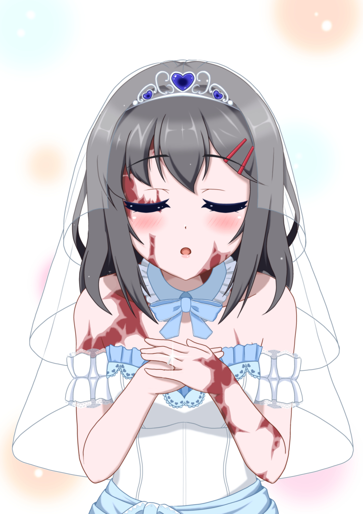 arm_garter bare_shoulders black_hair blush bridal_veil burn_scar closed_eyes detached_collar diadem dorei_to_no_seikatsu_~teaching_feeling~ dress eyebrows_visible_through_hair facing_viewer glint hair_ornament hairclip hands_together heart incoming_kiss jewelry long_hair open_mouth ring scar simple_background solo strapless strapless_dress sylvie_(dorei_to_no_seikatsu) takahiko upper_body veil wedding_band wedding_dress