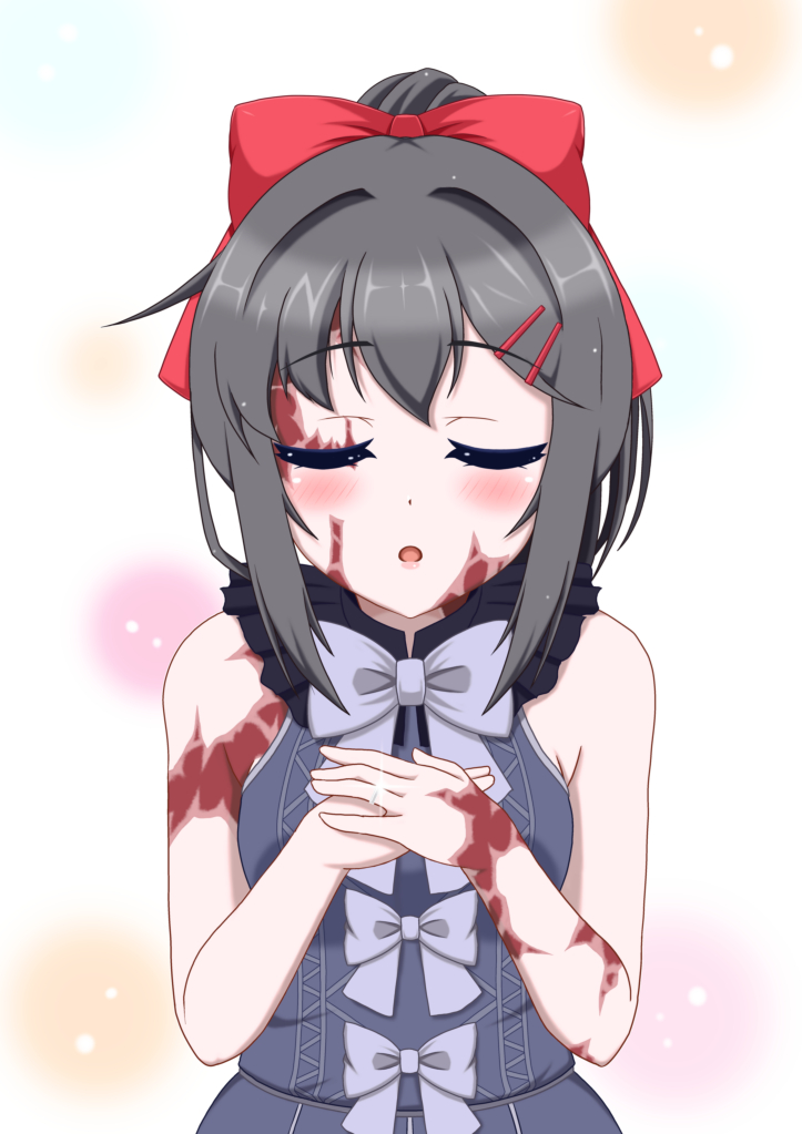 bare_arms bare_shoulders black_hair blush bow bowtie burn_scar closed_eyes commentary_request dorei_to_no_seikatsu_~teaching_feeling~ eyebrows_visible_through_hair facing_viewer glint grey_bow grey_neckwear hair_ornament hair_ribbon hairclip hands_together incoming_kiss jewelry long_hair open_mouth ponytail red_ribbon ribbon ring scar simple_background sleeveless solo sylvie_(dorei_to_no_seikatsu) takahiko upper_body wedding_band