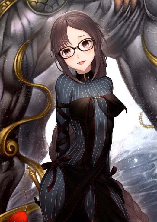 1girl :d absurdly_long_hair black-framed_eyewear black_dress black_eyes black_hair bodysuit_under_clothes braid breasts breasts_apart consort_yu_(fate) dress fangs fate/grand_order fate_(series) glasses head_tilt kyoeiki light_blush long_braid long_hair looking_at_viewer medium_breasts open_mouth single_braid smile solo_focus striped_bodysuit very_long_hair xiang_yu_(fate/grand_order)