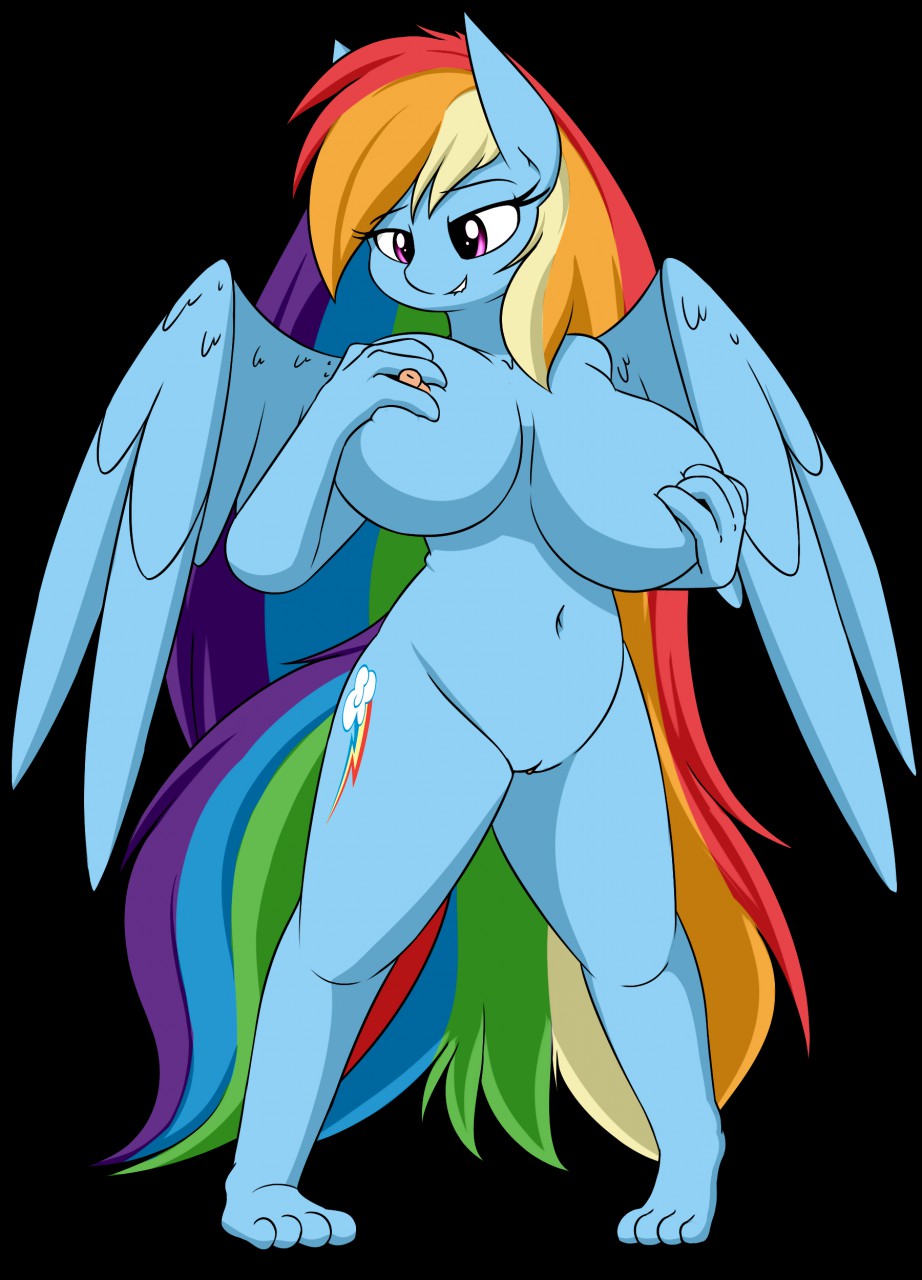 big_breasts breast_grab breasts friendship_is_magic hair hand_on_breast long_hair multicolored_hair my_little_pony nipples nude pussy rainbow_dash_(mlp) rainbow_hair ricederp smile standing