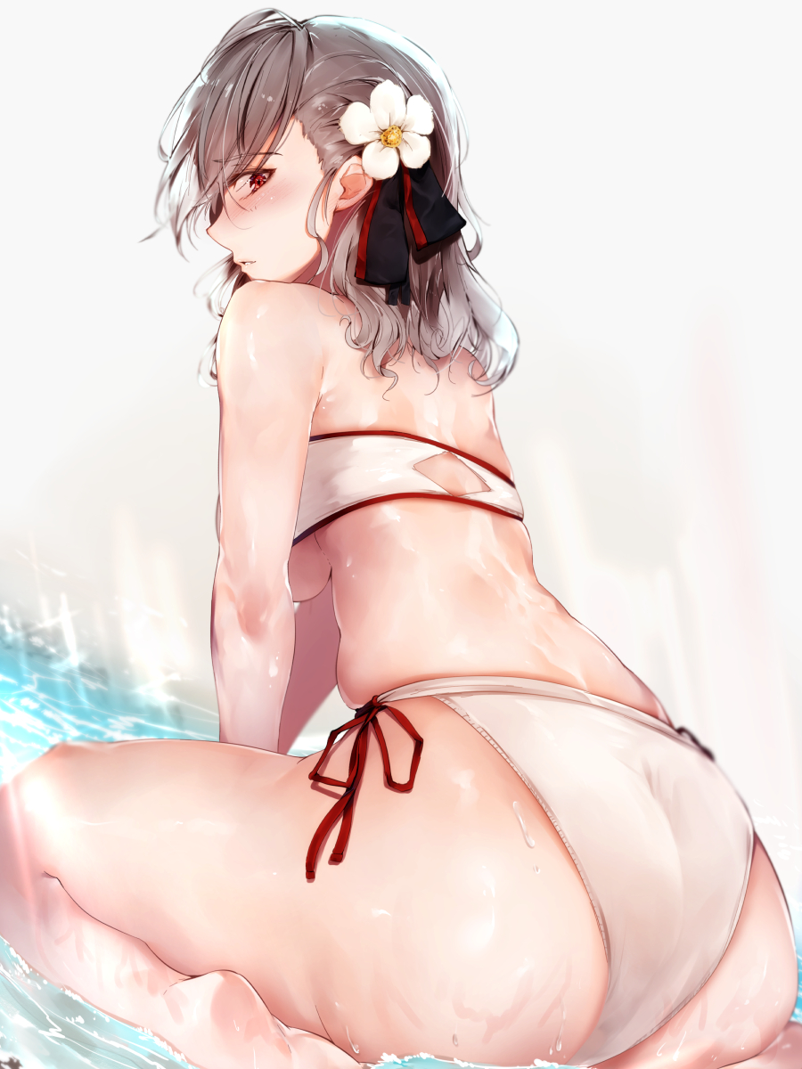 arm_support ass bad_id bad_pixiv_id bare_shoulders bikini blush breasts cleavage commentary curvy eyebrows_visible_through_hair from_behind girls_frontline hair_between_eyes hair_ribbon highres hplay large_breasts long_hair looking_at_viewer plump red_eyes ribbon shiny shiny_skin side-tie_bikini silver_hair sitting skindentation solo spas-12_(girls_frontline) stomach swimsuit thick_thighs thighs underboob water wet white_bikini wide_hips