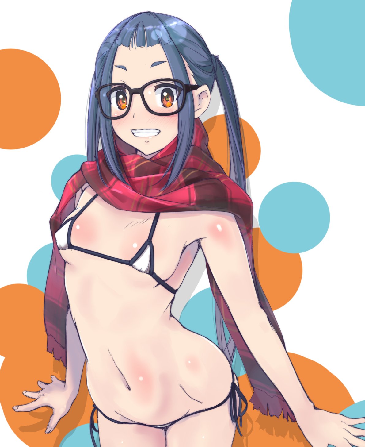 bikini black-framed_eyewear blue_hair breasts brown_eyes commentary cowboy_shot glasses grin highres leaning_forward long_hair looking_at_viewer micro_bikini multicolored multicolored_polka_dots navel nenchi oogaki_chiaki plaid plaid_scarf polka_dot polka_dot_background red_scarf scarf small_breasts smile solo standing swimsuit thick_eyebrows twintails white_bikini yurucamp
