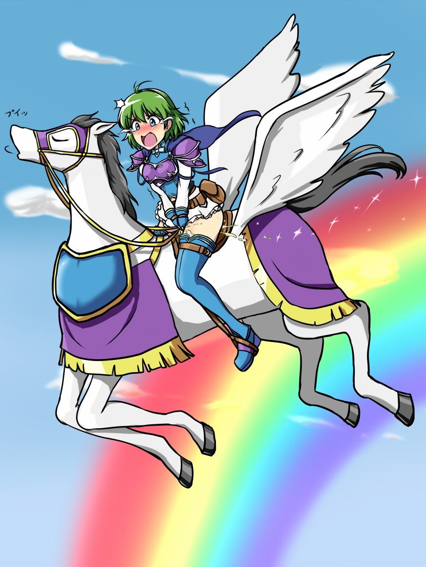 1girl ahoge bangs belt between_legs black_hairband blue_cape blue_eyes blue_footwear blue_gloves blue_shirt blue_sky blush boots breastplate cape cloud day embarrassed eyebrows_visible_through_hair female fingerless_gloves fire_emblem fire_emblem_heroes flying frilled_skirt frills gloves green_hair hairband hand_between_legs hands_together have_to_pee japanese_text long_sleeves memetsu_(umvn4442) miniskirt nino_(fire_emblem) nintendo nose_blush open_mouth outdoors peeing peeing_self pegasus pouch rainbow riding saddle shiny shiny_hair shirt short_hair shoulder_armor sitting skirt sky sparkle thigh_boots thighhighs translation_request v_arms white_skirt wings