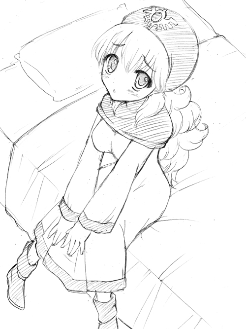 bed blush breasts commentary_request curly_hair dragon_quest dragon_quest_ii dress emblem graphite_(medium) hat hood hood_up kichijou_agata long_hair looking_at_viewer medium_breasts monochrome princess princess_of_moonbrook robe solo traditional_media white_dress white_robe