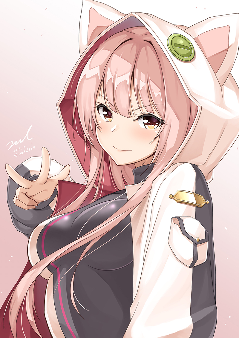 1girl animal_hood bangs black_shirt breasts dated girls_frontline gradient gradient_background hair_intakes hand_up hood hooded_jacket jacket long_sleeves looking_at_viewer medium_breasts open_clothes open_jacket pink_background pink_hair shirt signature solo ukm-2000_(girls_frontline) unel upper_body v-shaped_eyebrows w white_jacket yellow_eyes