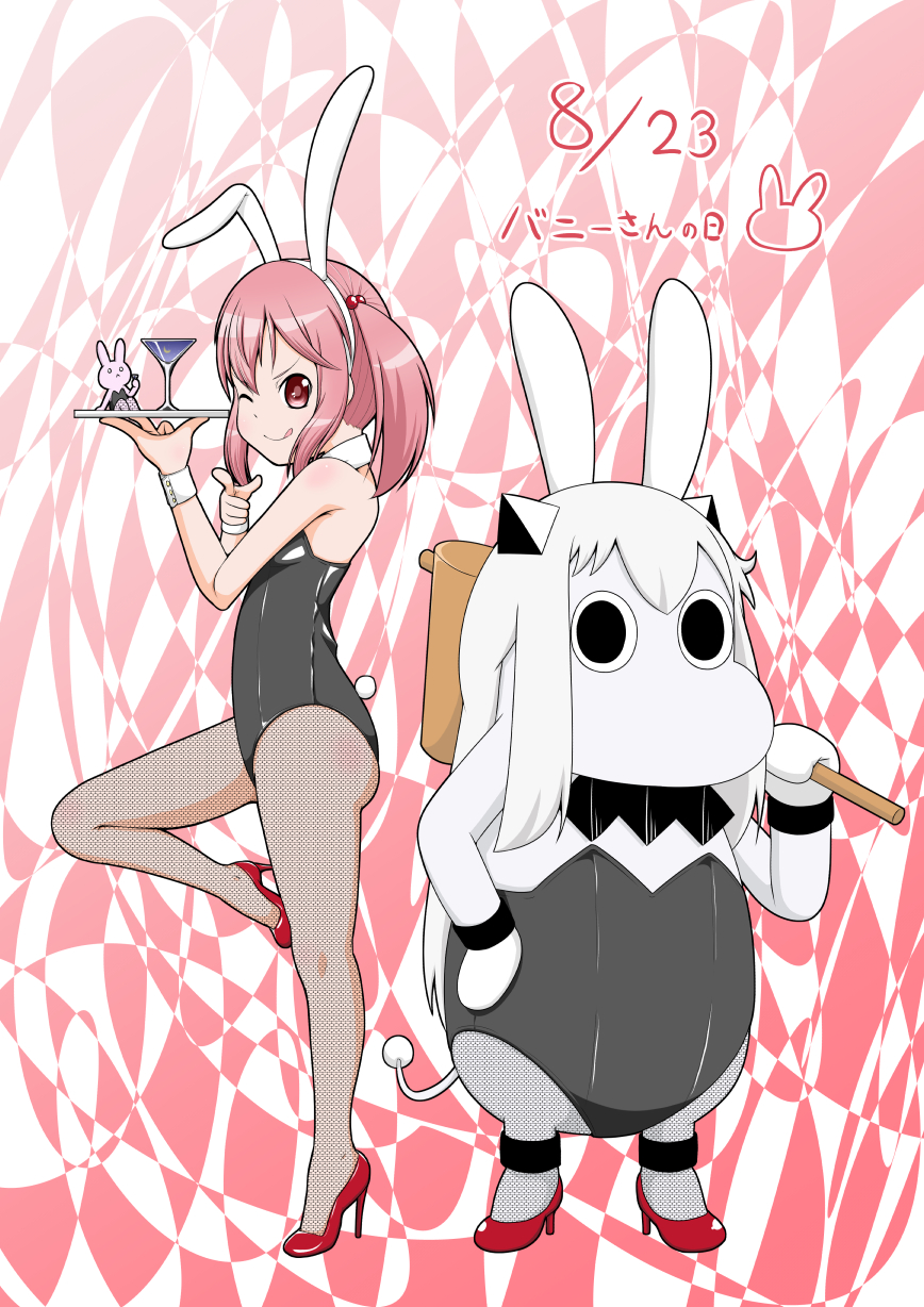 animal_ears anklet bunny bunny_ears bunnysuit cocktail_glass collar commentary_request cup dated drinking_glass fake_animal_ears finger_gun hair_between_eyes hair_bobbles hair_ornament hairband hand_on_hip high_heels highres holding holding_tray horns jewelry kantai_collection long_hair looking_at_viewer mallet moomin multiple_girls muppo one_eye_closed pantyhose pink_eyes pink_hair sazanami_(kantai_collection) sazanami_konami shinkaisei-kan sidelocks smile tail tongue tongue_out translation_request tray twintails white_hair