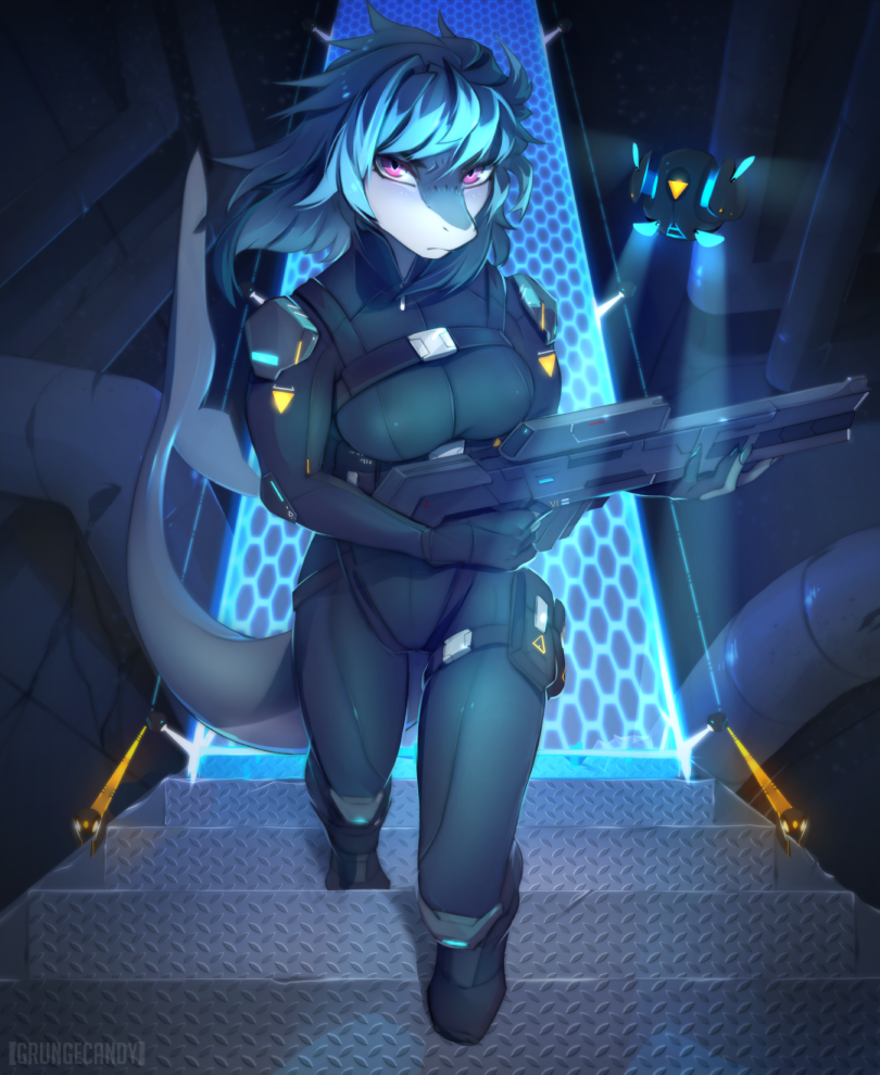 anthro blue_hair bodysuit clothing detailed_background drone female fish grungecandy gun hair holding_object holding_weapon hologram marine monique_(tacodragon) purple_eyes ranged_weapon science_fiction serious shark skinsuit solo tactical_gear tight_clothing weapon