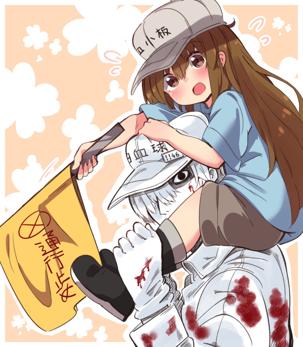 1girl baseball_cap beige_background black_eyes black_footwear blood blue_shirt brown_eyes brown_hair brown_shorts carrying clothes_writing commentary flag flat_cap floral_background grey_hat grey_shorts hair_over_one_eye hat hataraku_saibou highres holding holding_flag light_brown_hair looking_at_viewer open_mouth platelet_(hataraku_saibou) shirt short_sleeves shorts shoulder_carry suzuki_toto two-tone_background u-1146 white_blood_cell_(hataraku_saibou) white_hair white_hat white_skin