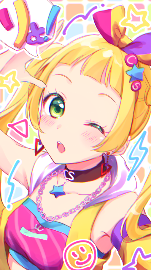 ;o aikatsu!_(series) aikatsu_friends! anoa arm_up armpits bandeau bangs black_choker blonde_hair blush breasts chain_necklace chestnut_mouth choker chromatic_aberration commentary_request detached_sleeves diagonal_stripes green_eyes hair_ornament hair_ribbon hinata_ema_(aikatsu_friends!) long_hair multicolored multicolored_background multicolored_ribbon one_eye_closed open_clothes open_mouth open_vest ribbon round_teeth single_detached_sleeve small_breasts solo speech_bubble star star_hair_ornament striped teeth translation_request triangle_earrings twintails upper_body upper_teeth vest yellow_vest