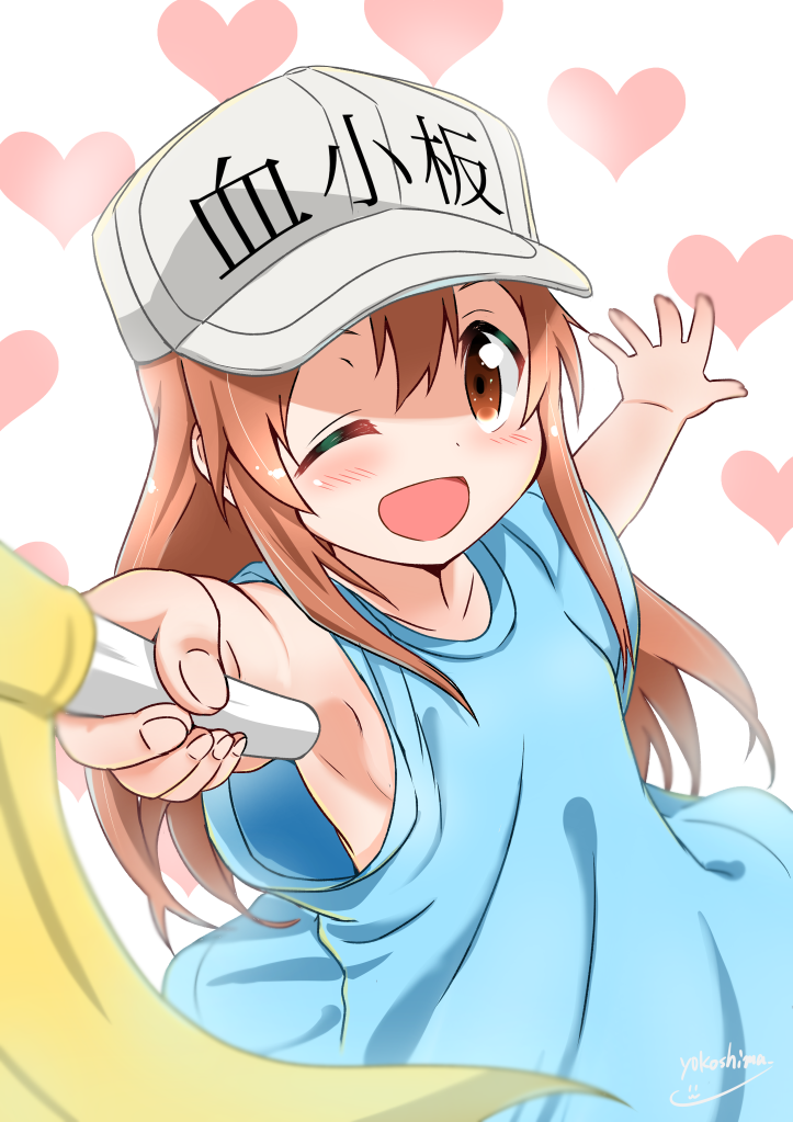 ;d armpits blue_shirt blush breasts brown_hair clothes_writing commentary_request flag hataraku_saibou heart heart_background long_hair looking_at_viewer one_eye_closed open_mouth outstretched_arms platelet_(hataraku_saibou) shirt short_sleeves sideboob simple_background smile solo spread_arms white_background yokoshima_(euphoria)