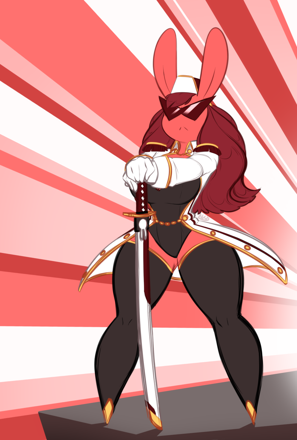 2018 anthro averyshadydolphin big_breasts breasts clothed clothing eliza_(averyshadydolphin) eyewear female fur hair hat holding_object holding_weapon jacket katana lagomorph legwear leotard long_hair mammal melee_weapon pink_fur rabbit red_hair standing stockings sunglasses sword thick_thighs weapon wide_hips