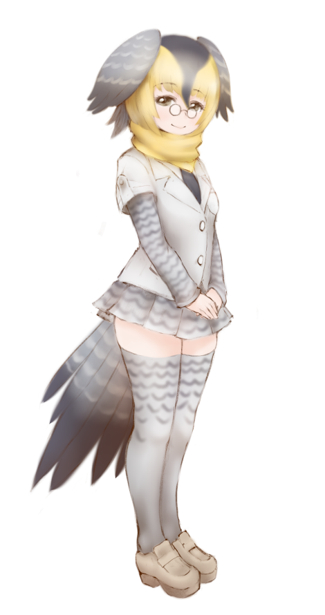 animal_print bird_tail black_hair blonde_hair campo_flicker_(kemono_friends) eyebrows_visible_through_hair full_body glasses grey_legwear grey_skirt hands_together head_wings ise_(0425) kemono_friends long_sleeves looking_at_viewer multicolored_hair pince-nez pleated_skirt print_legwear print_skirt print_sleeves shoes short_hair short_over_long_sleeves short_sleeves simple_background skirt smile solo standing thighhighs two-tone_hair v_arms white_background zettai_ryouiki