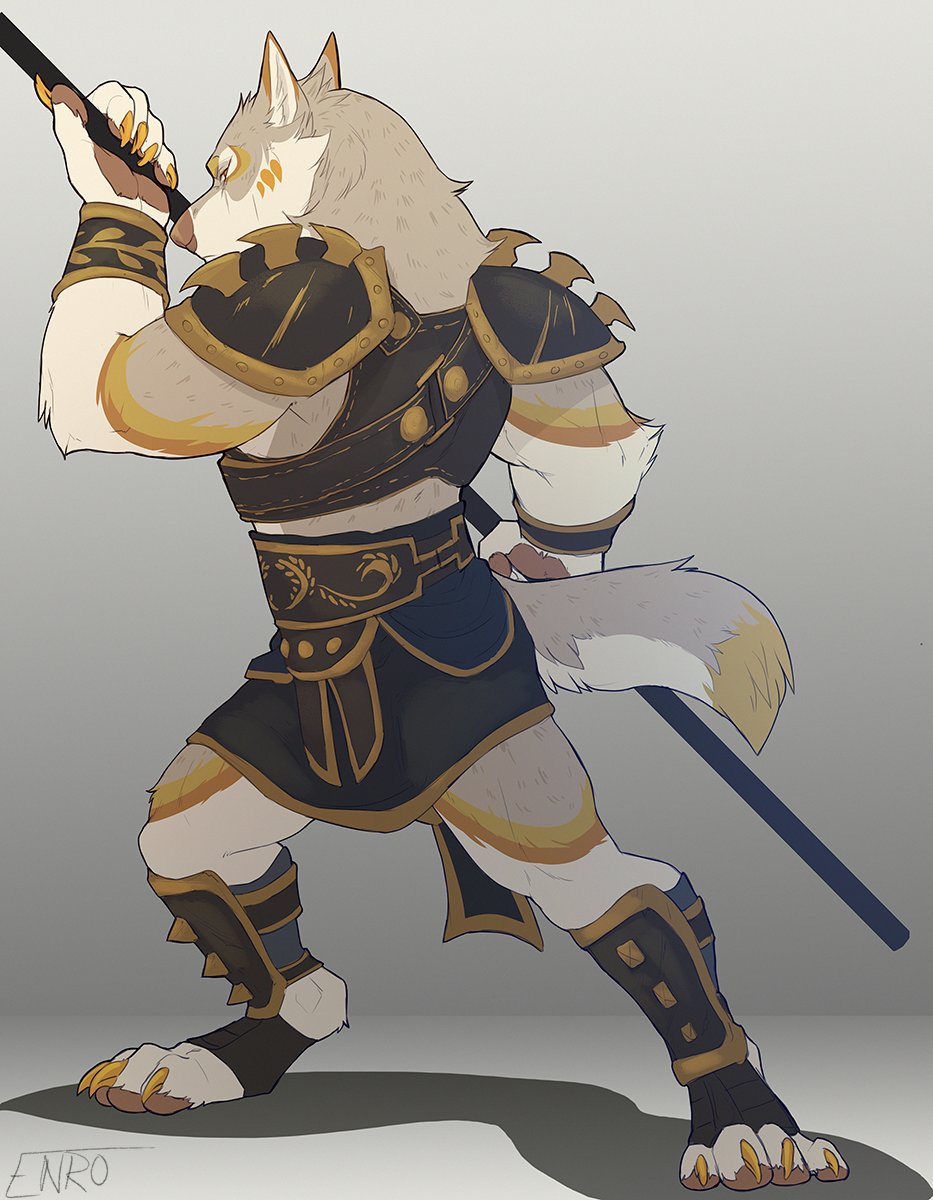2018 anthro armor brown_eyes brown_fur brown_nose caffeinatedcreep canine clothing facial_markings fur grey_fur hair holding_object holding_weapon looking_at_viewer male mammal markings pawpads signature solo standing weapon white_fur wolf yellow_fur