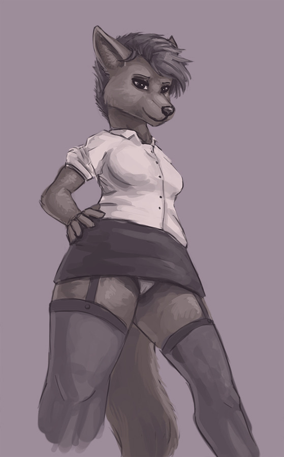 anthro blouse camel_toe canine clothed clothing female fox foxovh hair hand_on_hip legwear looking_at_viewer looking_down low-angle_view mammal panties simple_background skirt smile solo standing thigh_highs underwear worm's-eye_view