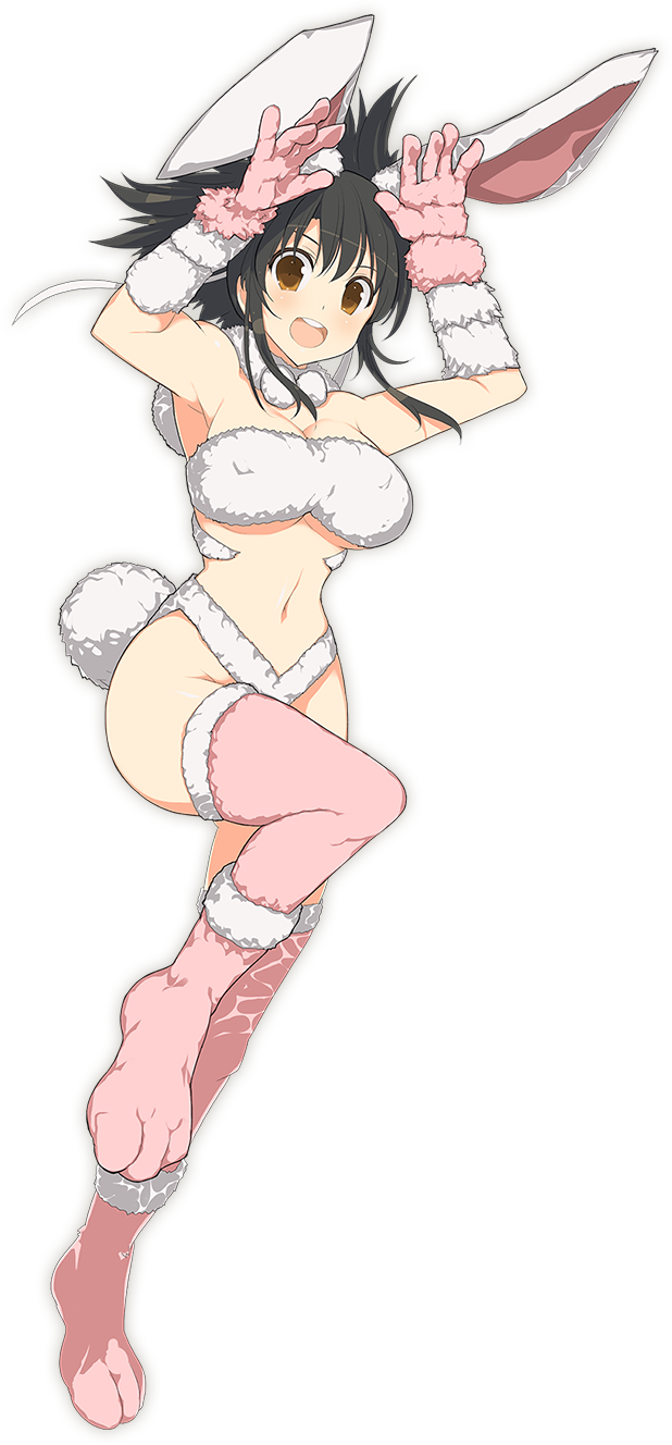 :d animal_ears arms_up asuka_(senran_kagura) bare_shoulders black_hair breasts brown_eyes bunny_ears bunny_tail full_body fur_trim gloves hair_ribbon highres large_breasts looking_at_viewer midriff navel official_art open_mouth ponytail ribbon senran_kagura senran_kagura_peach_ball short_ponytail smile solo stomach tail teeth thighhighs transparent_background white_ribbon yaegashi_nan