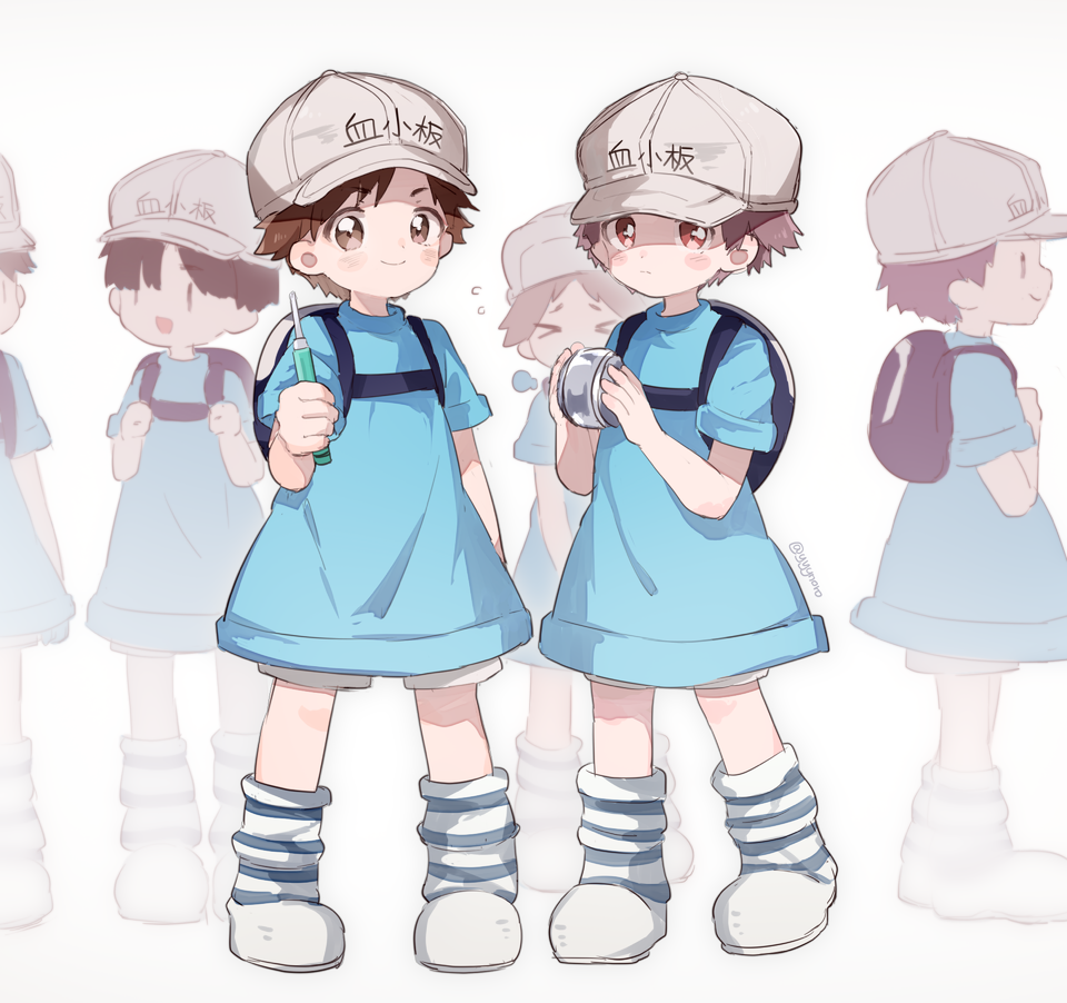 &gt;_&lt; :d backpack bag bangs blue_shirt blush boots captain_yue character_name closed_eyes closed_mouth clothes_writing eyebrows_visible_through_hair flat_cap flying_sweatdrops grey_background grey_hat hat hataraku_saibou holding looking_at_viewer male_focus multiple_boys open_mouth platelet_(hataraku_saibou) profile red_eyes shirt short_shorts short_sleeves shorts simple_background smile standing striped striped_footwear white_footwear white_shorts |_|