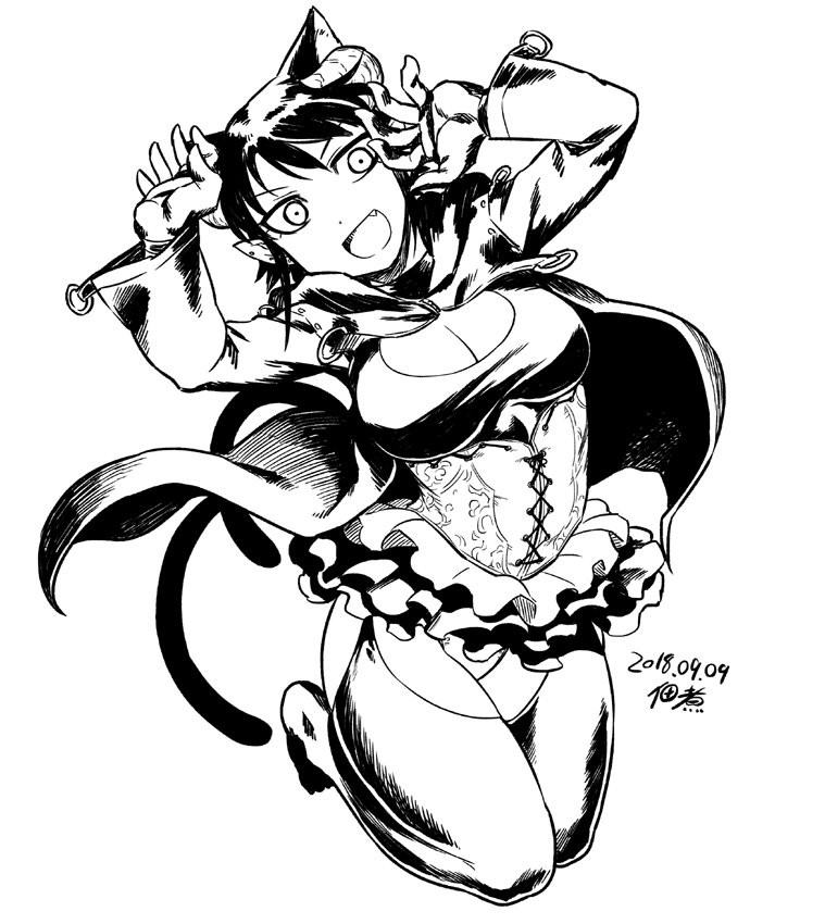 1girl :d animal_ears breasts cat_ears cat_tail cleavage cleavage_cutout coat commentary_request copyright_request corset dated frilled_skirt frills full_body greyscale hands_up horns jumping large_breasts long_sleeves monochrome multiple_tails nekomata open_clothes open_coat open_mouth pointy_ears signature simple_background skirt smile solo tail thighhighs tsukudani_(coke-buta) two_tails white_background