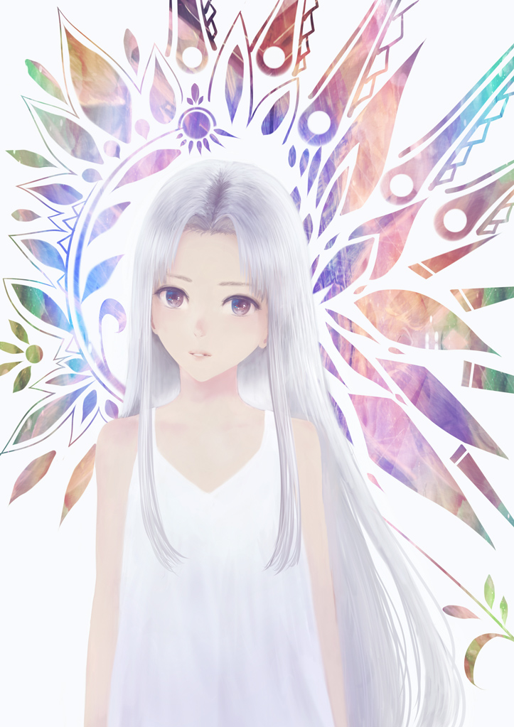 bangs bare_arms bare_shoulders brown_eyes commentary_request dress grey_hair long_hair looking_at_viewer original parted_bangs parted_lips sakimori_(hououbds) solo upper_body very_long_hair white_dress
