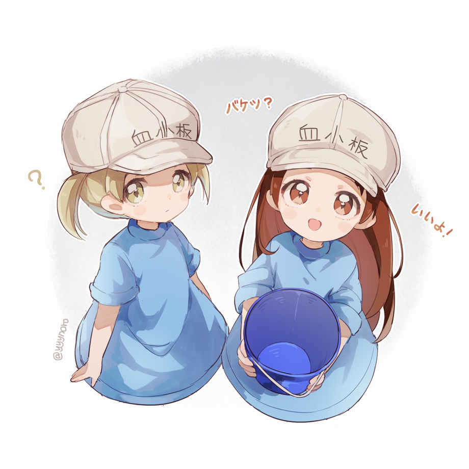 :d ? blue_shirt blush brown_eyes brown_hair bucket captain_yue character_name closed_mouth clothes_writing flat_cap gradient gradient_background grey_background grey_hat hat hataraku_saibou holding holding_bucket long_hair looking_at_viewer multiple_girls open_mouth partially_translated platelet_(hataraku_saibou) shirt short_sleeves smile translation_request twintails twitter_username very_long_hair white_background