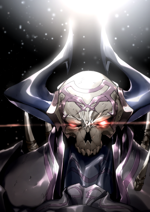 armor commentary_request dark_background eiri_(eirri) fate/grand_order fate_(series) glowing glowing_eyes helmet horns king_hassan_(fate/grand_order) lens_flare looking_at_viewer male_focus red_eyes shiny shoulder_armor shoulder_spikes skull solo spikes upper_body