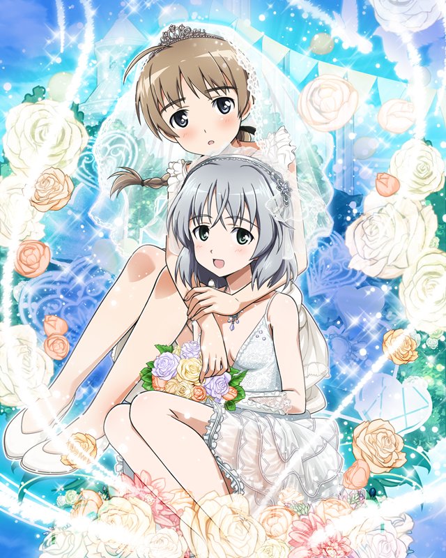 2girls 501st_joint_fighter_wing alternate_costume artist_request bare_legs blue_eyes braid brown_hair commentary_request day dress elbow_gloves flower gloves green_eyes jewelry lynette_bishop multiple_girls necklace official_art open_mouth outdoors rose sanya_v_litvyak silver_hair single_braid strike_witches tiara wedding_dress white_footwear world_witches_series