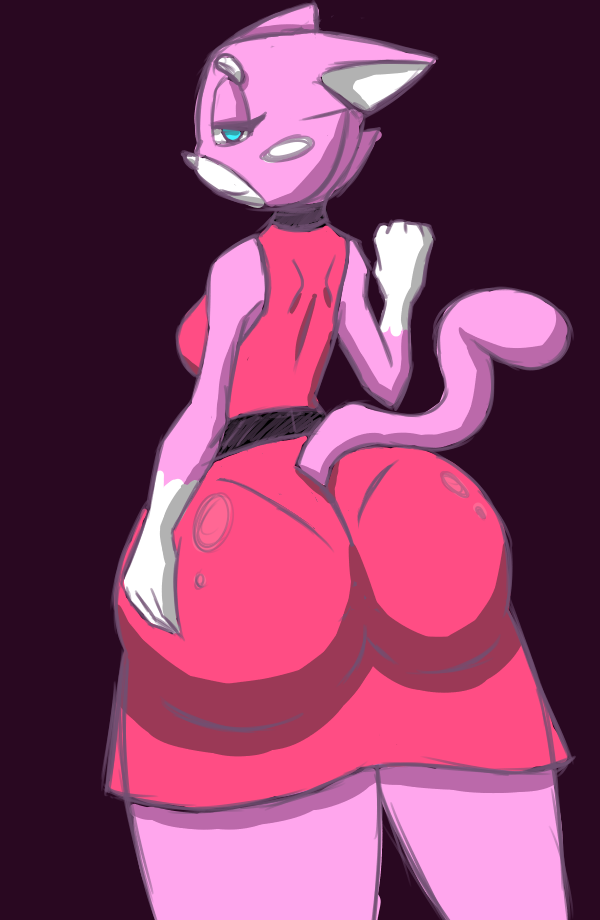 anthro bedroom_eyes big_butt breasts butt cat clothed clothing cronum feline female fur half-closed_eyes invalid_tag looking_at_viewer looking_back mammal pink_fur presenting presenting_hindquarters rear_view seductive shima_luan side_boob simple_background smile solo standing super_planet_dolan thick_thighs wide_hips