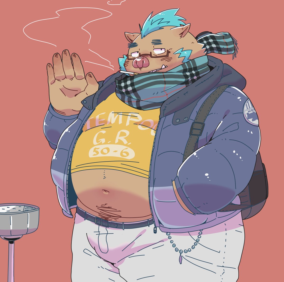 2018 anthro belly boar clothing eyewear glasses gouryou humanoid_hands male mammal mohawk navel overweight overweight_male pants porcine red_background scarf shirt simple_background smoking tokyo_afterschool_summoners tusks uokkom