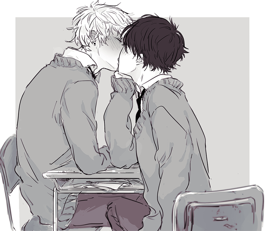 2boys blush chair clothed clothes collared_shirt desk earring earrings height_difference jewelry kiss male male_focus monochrome multiple_boys original piercing public school school_uniform shirt tagme tie yaoi