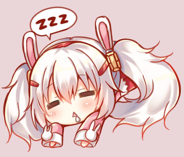 =_= animal_ears azur_lane blush bunny_ears chibi closed_eyes commentary_request facing_viewer grey_hair laffey_(azur_lane) long_hair long_sleeves lying on_stomach parted_lips pink_background simple_background sleeves_past_wrists solo speech_bubble suzune_rena triangle_mouth twintails zzz