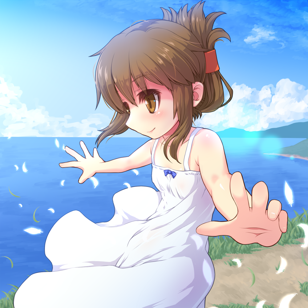 1girl alternate_costume blue_sky brown_eyes brown_hair cloud commentary_request cowboy_shot day dress folded_ponytail foreshortening grass horizon inazuma_(kantai_collection) kantai_collection long_hair mountain ocean off-shoulder_dress off_shoulder outdoors outstretched_arms petals scenery sky sleeveless sleeveless_dress smile solo white_dress you_naka