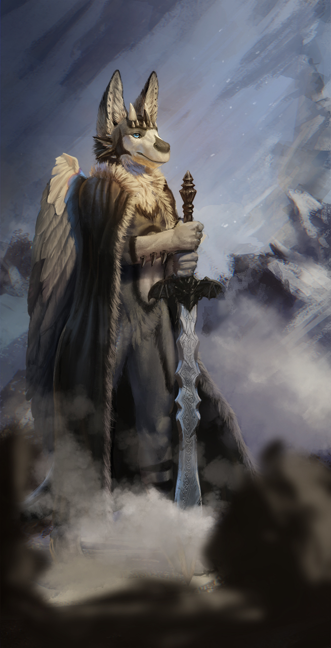 2018 5_fingers anthro blue_eyes clothed clothing conditional_dnp detailed_background digital_media_(artwork) dragon feathered_wings feathers fur furred_dragon holding_object holding_weapon horn inner_ear_fluff latex_(artist) male melee_weapon outside solo sword weapon wings