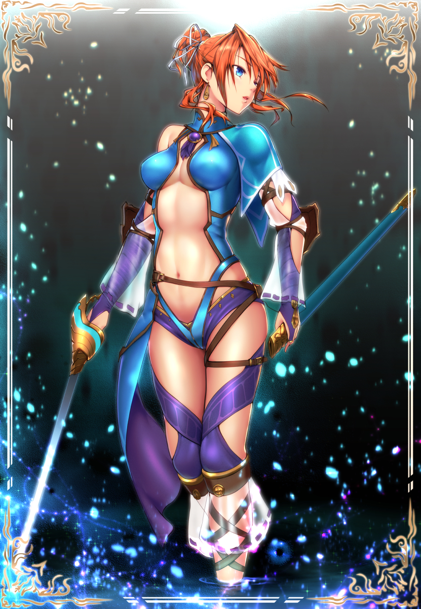 1girl armor asymmetrical_clothes belt big.g bikini_armor blue_capelet blue_eyes border breasts brooch capelet commentary_request dark_background earrings glowing glowing_sword glowing_weapon half_updo highres jewelry laxia_(ys) looking_to_the_side midriff orange_hair ornate_clothing rapier sheath shiny shiny_clothes solo sword thighs water weapon ys ys_viii_lacrimosa_of_dana