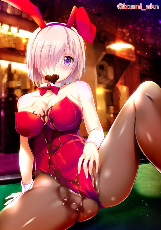 1girl alcohol animal_ears bow bowtie breasts brown_legwear bunny_ears bunnysuit chocolate commentary_request cup detached_collar drinking_glass fate/grand_order fate_(series) hair_over_one_eye heart izumi_akane large_breasts leotard mash_kyrielight mouth_hold pantyhose purple_eyes purple_hair red_leotard red_neckwear short_hair sitting solo spread_legs strapless strapless_leotard table twitter_username wrist_cuffs