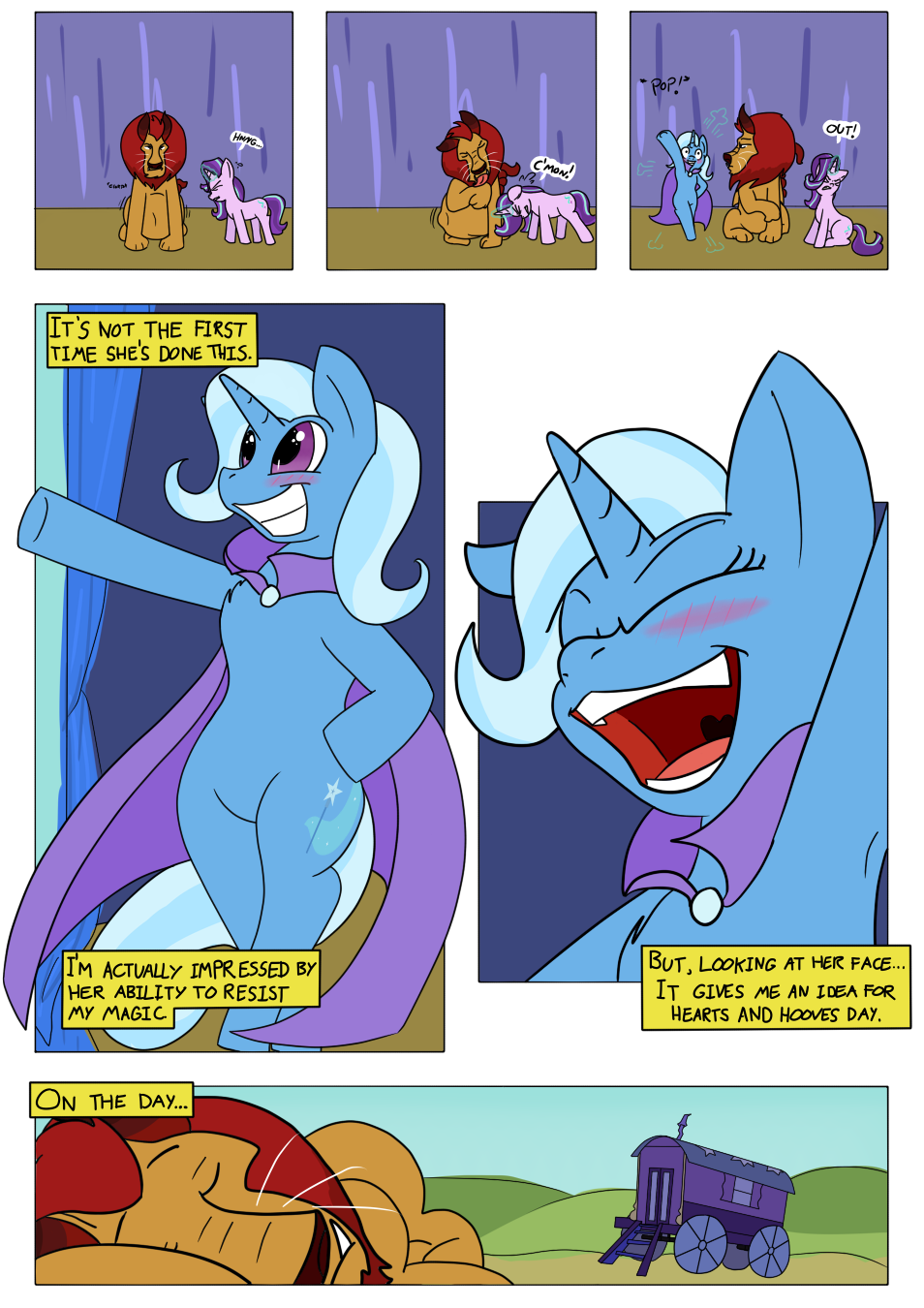 ? blue_fur blush comic dialogue english_text equine eyes_closed female feral friendship_is_magic fur horn male mammal manticore my_little_pony open_mouth purple_eyes purple_fur starlight_glimmer_(mlp) teabucket_(artist) text trixie_(mlp) unicorn vore