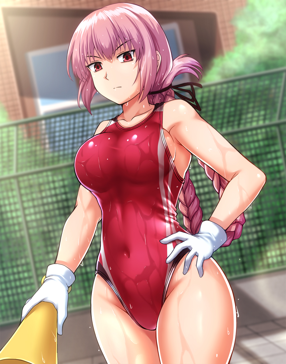1girl braid breasts collarbone competition_swimsuit covered_navel cowboy_shot day fate/grand_order fate_(series) fence florence_nightingale_(fate/grand_order) gloves hand_on_hip highres long_hair looking_at_viewer medium_breasts megaphone one-piece_swimsuit outdoors pink_hair red_eyes red_swimsuit single_braid solo swimsuit wet wet_clothes wet_swimsuit white_gloves zanntetu